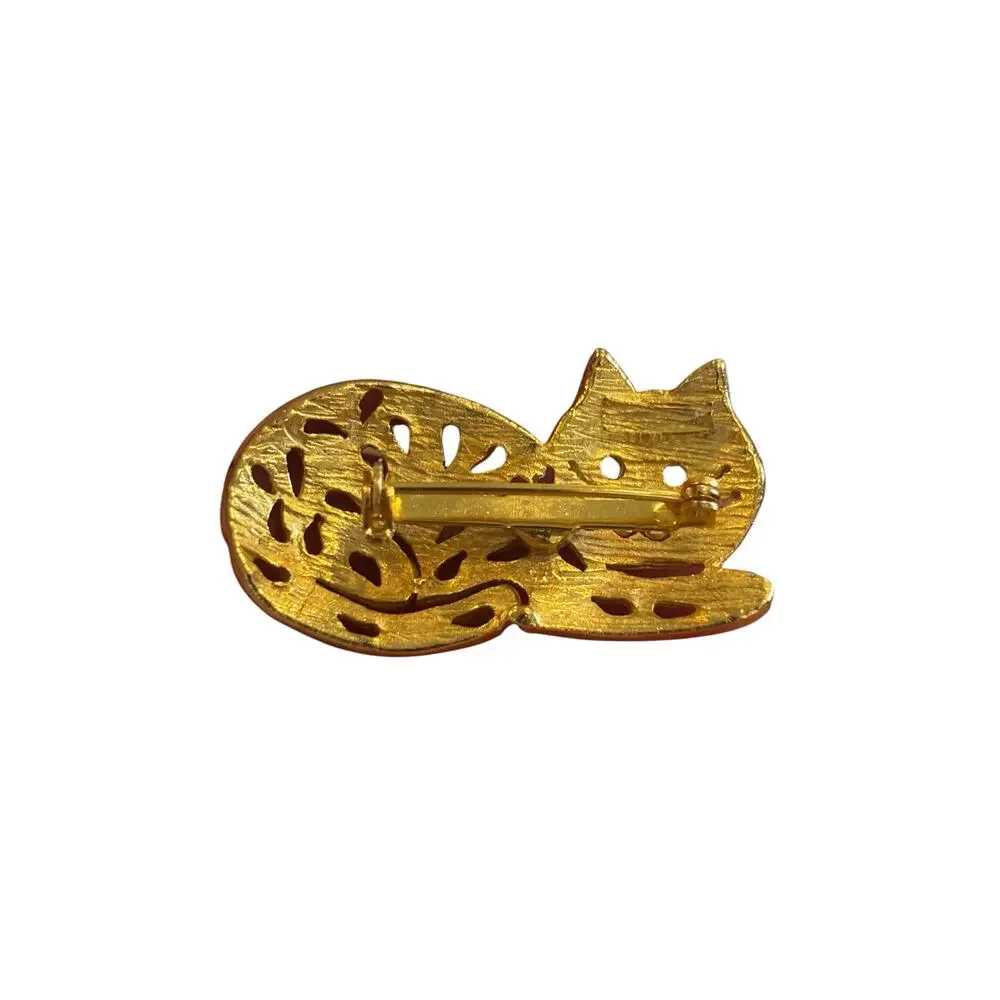 Vintage Gold Sleeping Cat Brooch Brushed Cutout Kitty Minimalist Mod Pin